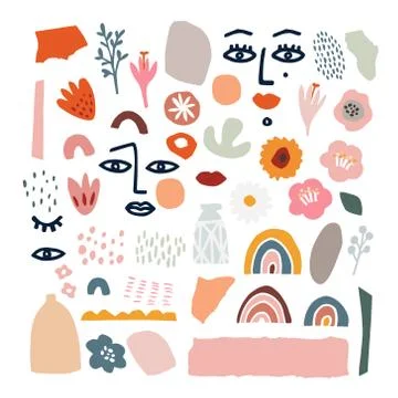Set of abstract hand drawn shapes, flowers, floral elements, line art women Stock Illustration