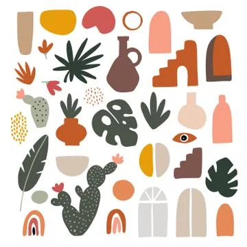 Set of abstract hand drawn shapes, leaves, flowers, geometric elements. Flat Stock Illustration