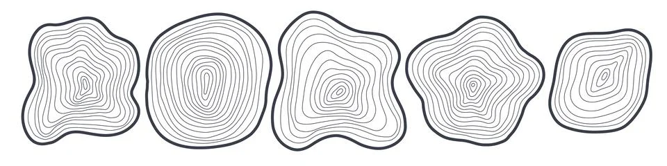 Set of abstract hand drawn tree rings. Minimal topographic map concept. Blobs of Stock Illustration