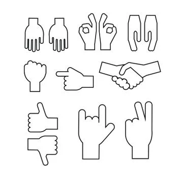 Set of abstract hands. Different gestures, handshake, signals. Stock Illustration