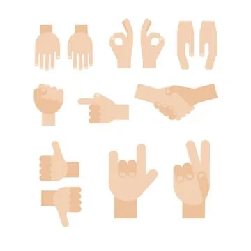 Set of abstract hands. Different gestures, handshake, signals. Icons and symb Stock Illustration