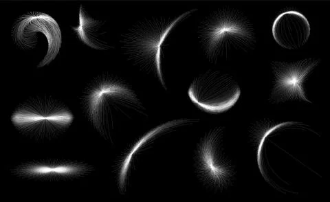 A set of abstract iconic light effect circle shapes on an black background Stock Illustration