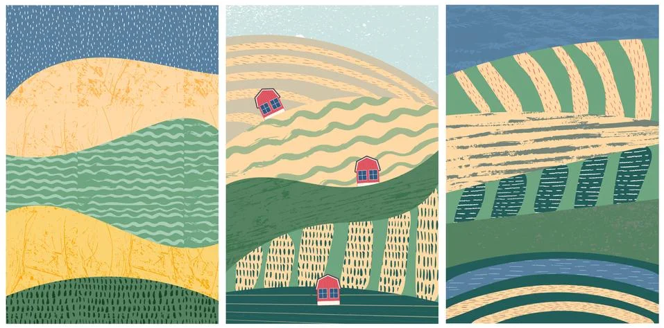 Set of abstract landscape vector background illustration. Countryside with co Stock Illustration