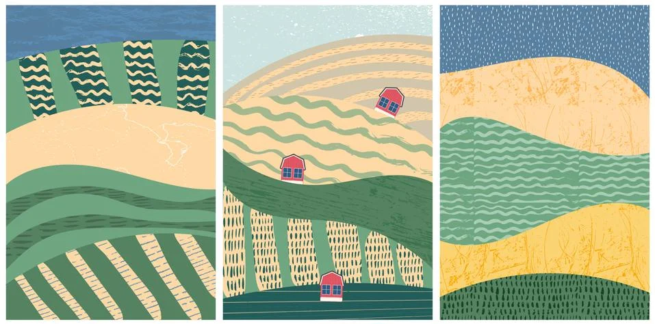 Set of abstract landscape vector background illustration. Countryside with co Stock Illustration