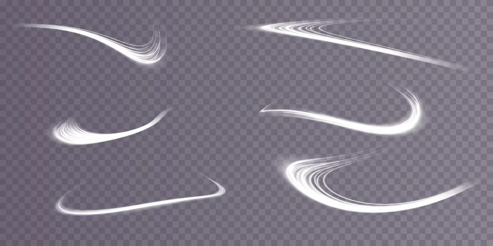 Set of abstract light lines of movement and speed. White. Bright galaxy. Glowing Stock Illustration