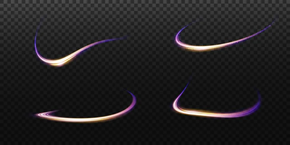 Set of abstract light lines of movement and speed, blue, gold, purple colors Stock-Illustration