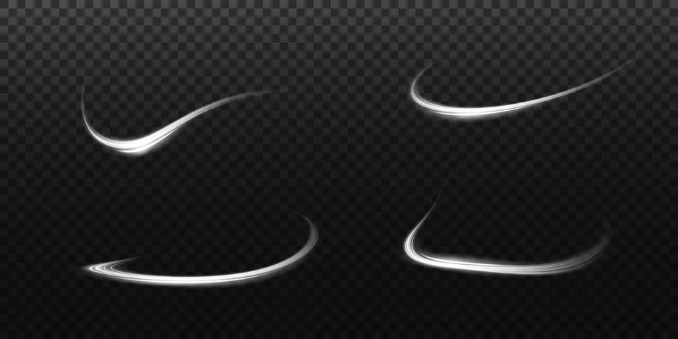 Set of abstract light lines of movement and speed. White. Bright galaxy. Glowing Ilustração Stock