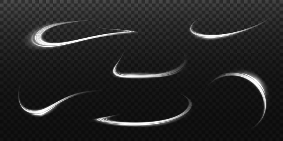 Set of abstract light lines of movement and speed. White. Bright galaxy. Glowing Stock-Illustration