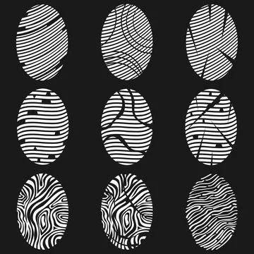 Set of abstract line textures in egg shape fingerprint identities isolated Stock Illustration