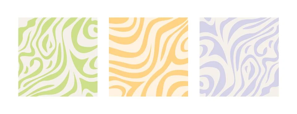 Set of abstract liquid wavy patterns in pastel bleached colors. Psychedelic back Stock Illustration