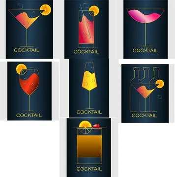 Set of abstract minimal logo of cocktail glasses on a dark background Stock Illustration