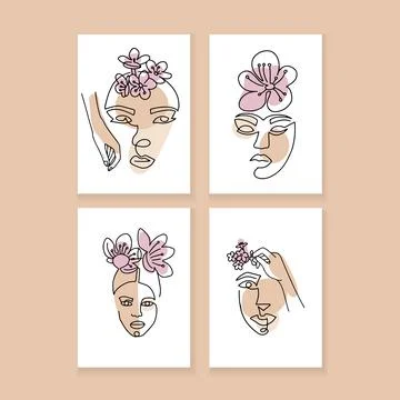 Set of Abstract minimalistic A4 posters with Women faces with Cherry Flowers Stock Illustration