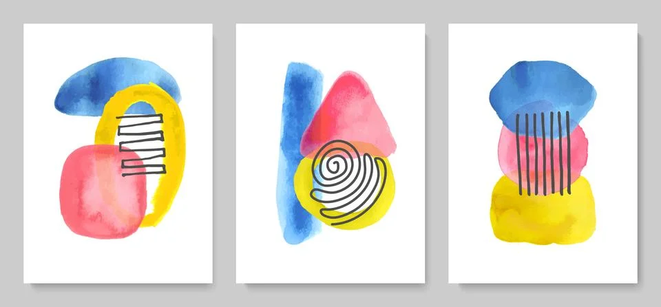 Set of abstract modern creative posters with watercolor shapes and lines. Hand Stock Illustration