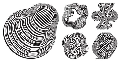 Set of abstract monochrome shapes with distorted parallel lines creating optical Stock Illustration