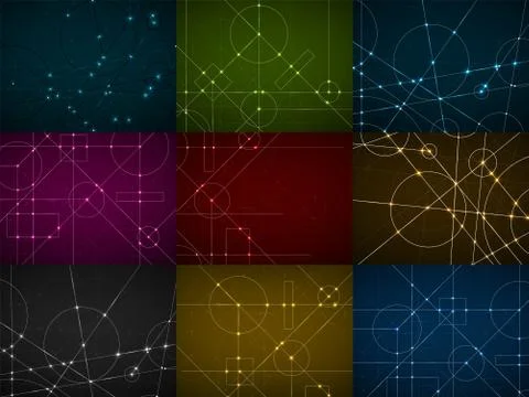 Set of abstract neon backgrounds with engineering drawing. Technological Stock Illustration