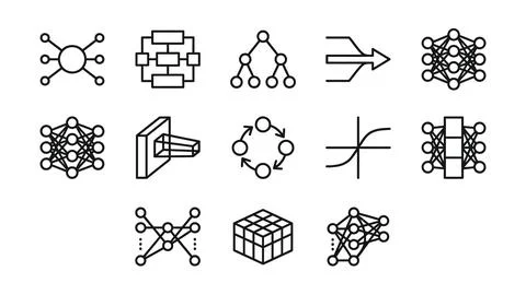 Set of abstract neural network and artificial intelligence line icons. Stock Illustration
