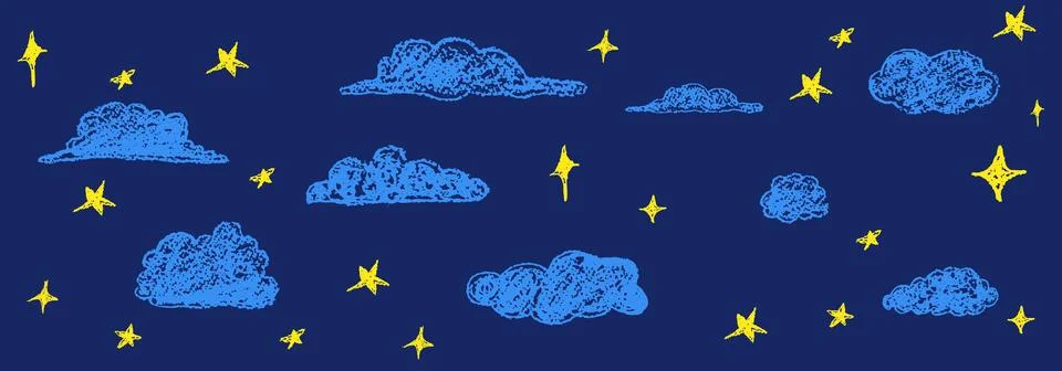 Set of abstract pencil clouds and golden stars. Hand drawn cartoon cloudy night Stock Illustration