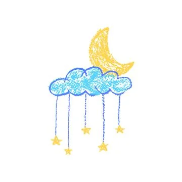 Set of abstract pencil clouds, golden stars and moon. Hand drawn cartoon cloudy イラスト素材