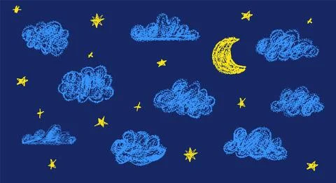 Set of abstract pencil clouds, golden stars and moon. Hand drawn cartoon cloudy イラスト素材