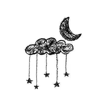 Set of abstract pencil clouds, golden stars and moon. Hand drawn cartoon cloudy Stock Illustration