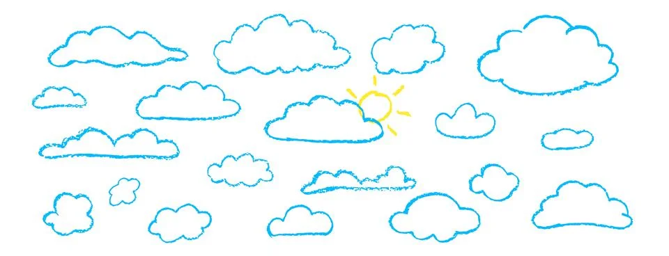 Set of abstract pencil clouds. Hand drawn cartoon cloudy sky and sun. Vector 스톡 일러스트