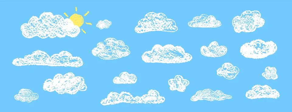 Set of abstract pencil clouds. Hand drawn cartoon cloudy sky and sun. Vector Stock Illustration