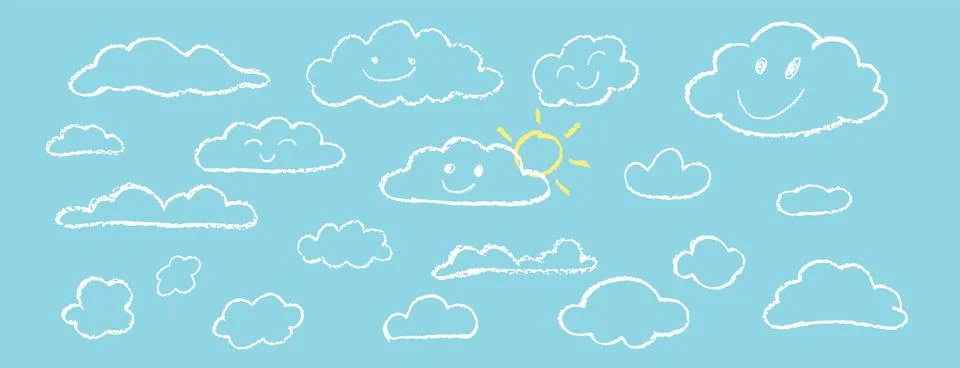 Set of abstract pencil clouds. Hand drawn cartoon cloudy sky and sun. Vector 스톡 일러스트
