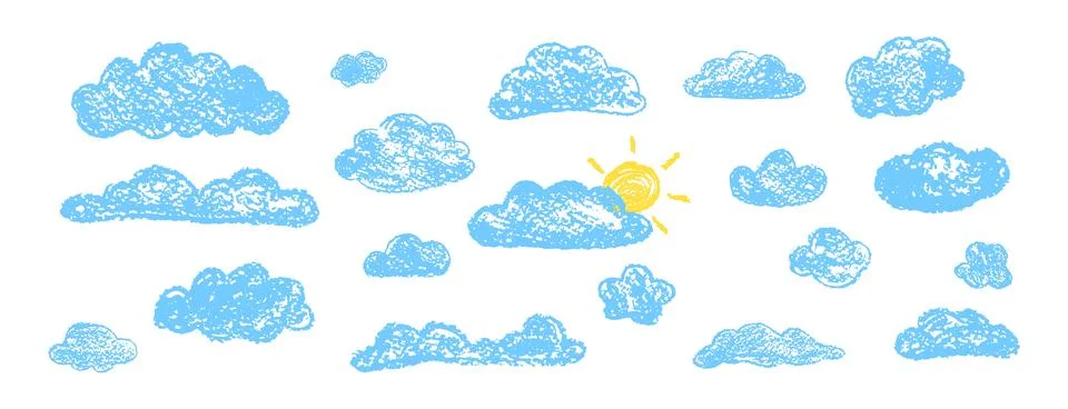 Set of abstract pencil clouds. Hand drawn cartoon cloudy sky and sun. Vector 스톡 일러스트