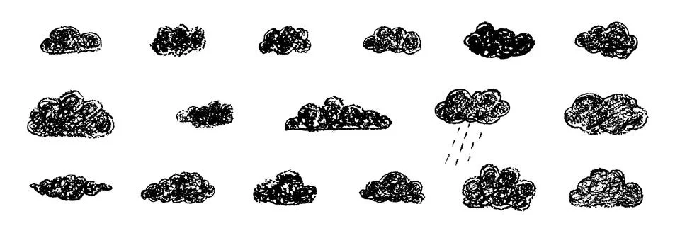 Set of abstract pencil clouds. Hand drawn cartoon cloudy sky and sun. Vector 스톡 일러스트