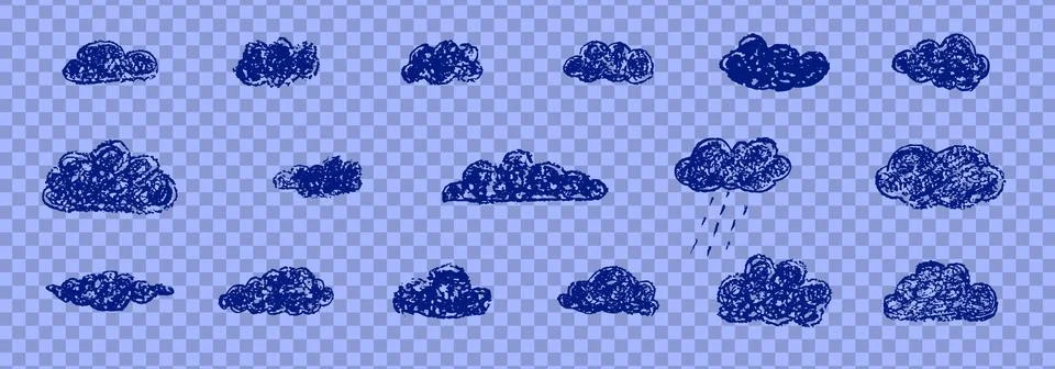 Set of abstract pencil clouds. Hand drawn cartoon cloudy night sky. Vector Stock Illustration