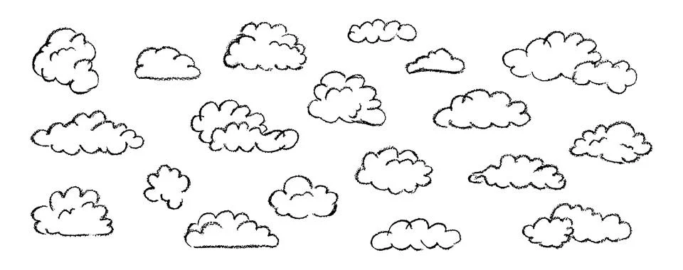 Set of abstract pencil clouds. Hand drawn cartoon cloudy sky. Vector illustra Stock Illustration