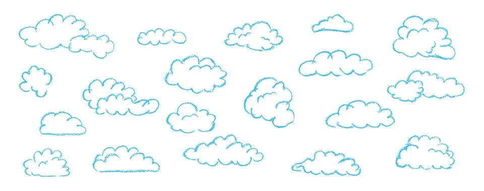 Set of abstract pencil clouds. Hand drawn cartoon cloudy sky. Vector Stockillustratie