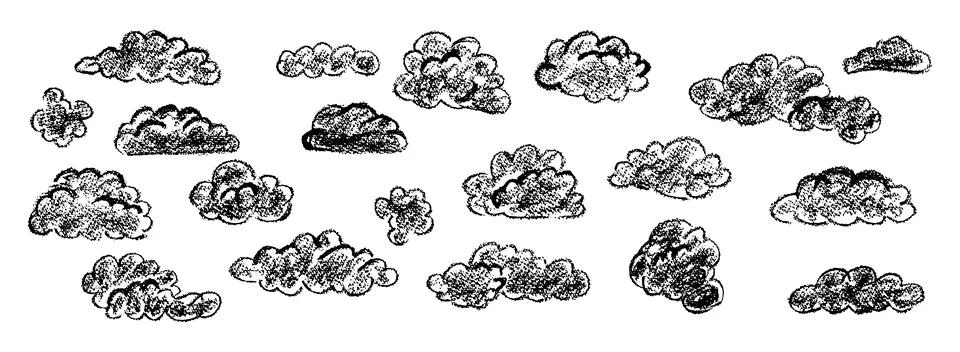 Set of abstract pencil clouds. Hand drawn cartoon cloudy sky. Vector Stock Illustration