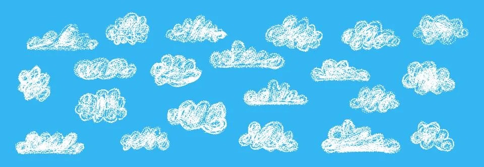 Set of abstract pencil clouds. Hand drawn cartoon cloudy sky. Vector Stock Illustration