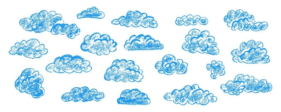 Set of abstract pencil clouds. Hand drawn cartoon cloudy sky. Vector Stock Illustration