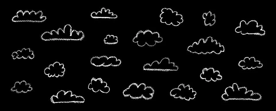 Set of abstract pencil clouds. Hand drawn cartoon cloudy sky. Vector Stock Illustration