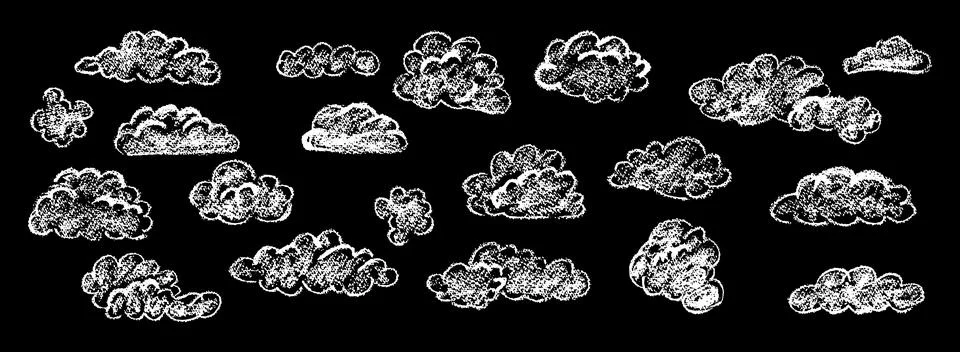 Set of abstract pencil clouds. Hand drawn cartoon cloudy sky. Vector Stockillustratie