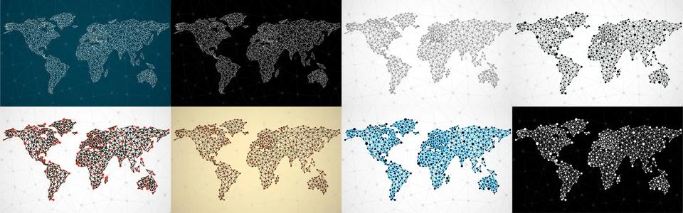 Set of abstract polygonal world maps with dots and lines, network connections Stock Illustration