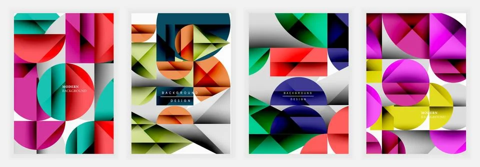 Set of abstract poster designs featuring geometric shapes like circles and Illustrazione stock