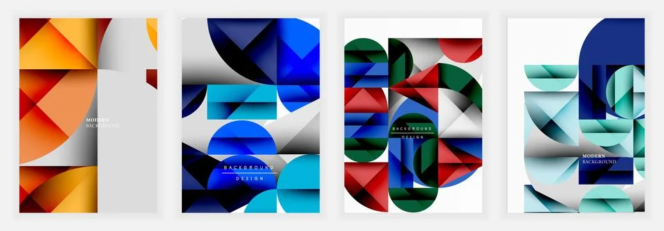 Set of abstract posters with geometric compositions in red, blue, green, and Illustrazione stock