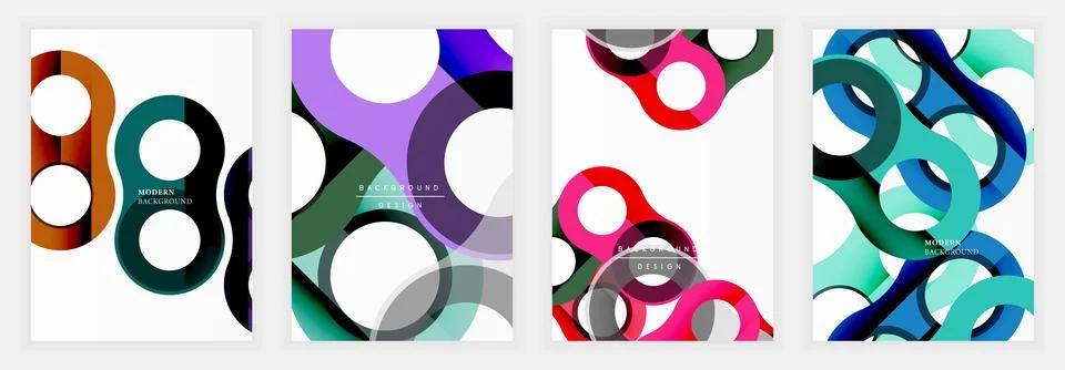 Set of abstract posters with interlocking ring shapes in vivid tones on white Illustrazione stock