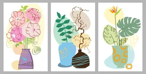 Set of abstract posters with vases. Trendy still life collage with pot, plant Stock Illustration