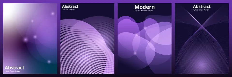 Set of abstract purple gradient posters with modern neon lines and shapes vector Stock Illustration