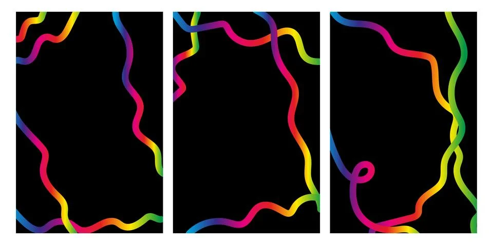 Set of abstract rainbow gradient doodles wavy lines on black background Illustrazione stock