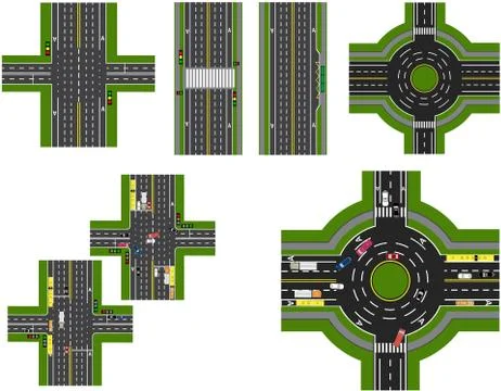 Set of abstract road junction. Crossroads of various roads. Roundabout Circul Stock Illustration