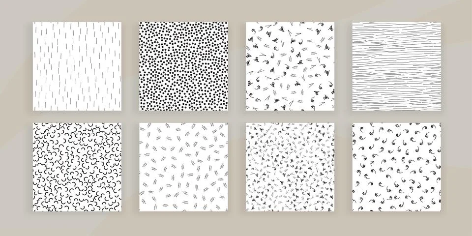 Set of Abstract Samless Patterns of doodles, lines, memphis elements. Simple Stock Illustration