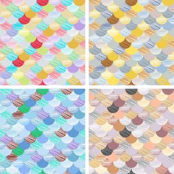 Set Abstract seamless patterns set. Japanese style, fish scale. Golden, blue, Stock Illustration