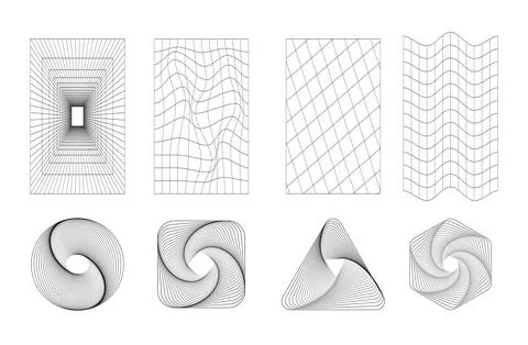 Set of abstract shapes and grids in black color. Trendy retro 1980s, 90s styl Illustrazione stock
