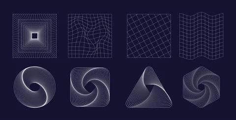 Set of abstract shapes and grids in white color. Trendy retro 1980s, 90s styl 스톡 일러스트