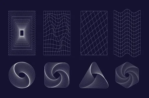 Set of abstract shapes and grids in white color. Trendy retro 1980s, 90s styl Stock Illustration